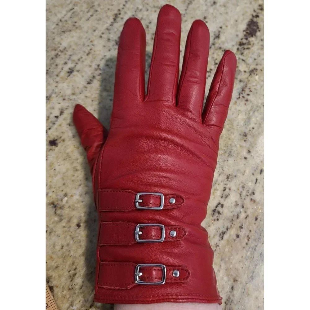 Merona Womens Size S/M Red Leather Lined Winter Gloves 3 Buckle Accent